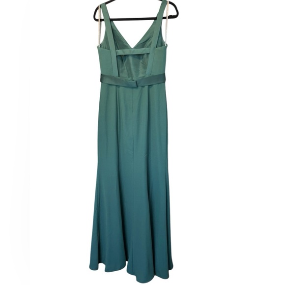 Vera Wang White Collection Forest Green Chiffon Dress V Neck Satin Belt Size 8 - Picture 3 of 8